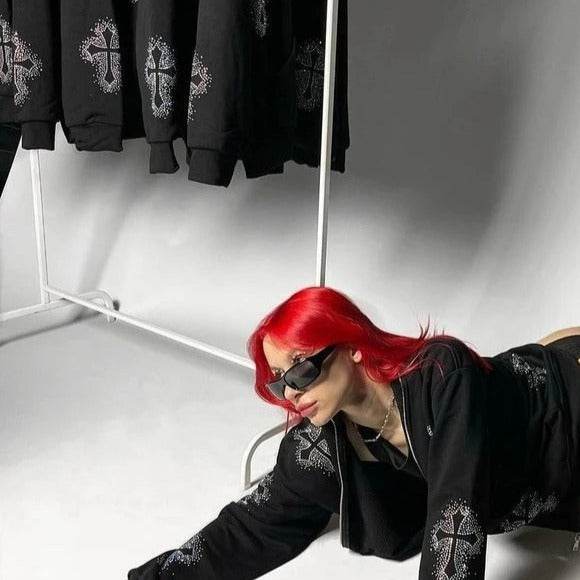 Zip-Up Hoodie with Rhinestone Crosses - Y2K Streetwear – MAUVSTUDIO®