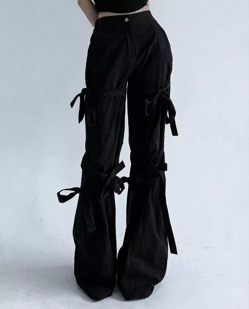 Black Y2K wide leg pants with ribbon details streetwear style