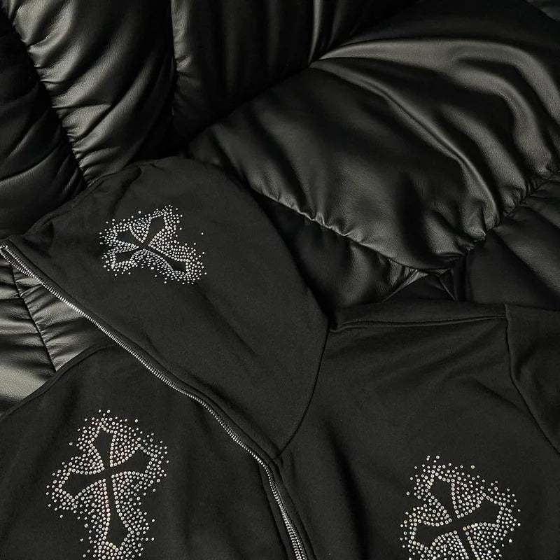 Zip-Up Hoodie with Rhinestone Crosses - Y2K Streetwear – MAUVSTUDIO®