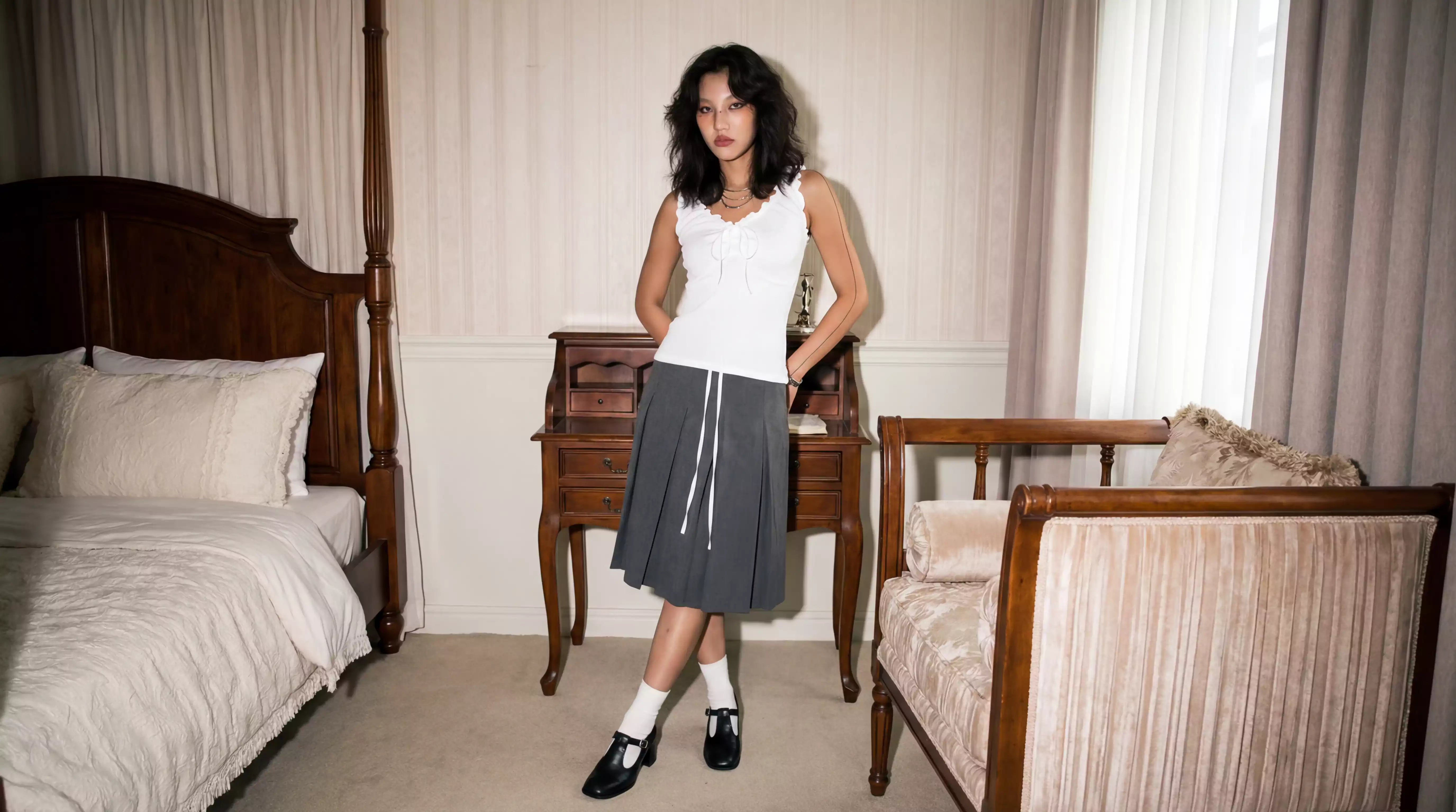 Model wearing a coquette outfit with Mary Jane shoes, editorial flash photography in a classic interior by Mauv Studio