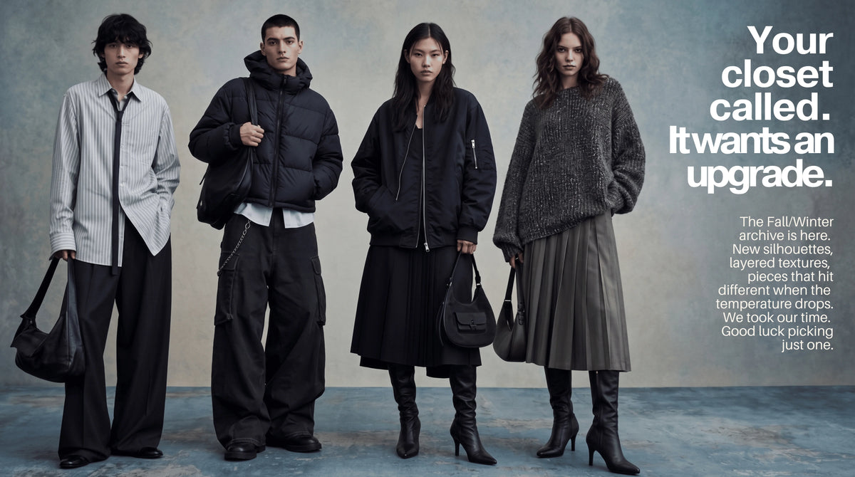 MAUVSTUDIO Fall Winter 2026 collection editorial with oversized puffer jackets, bomber jackets, pleated skirts and wide leg trousers