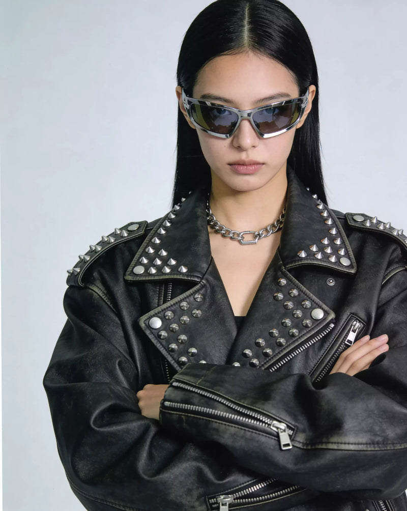 Y2K black leather biker jacket with studs editorial streetwear MAUV STUDIO